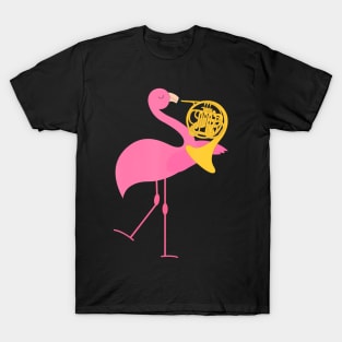 Beautiful Flamingo Playing French Horn Musician T-Shirt